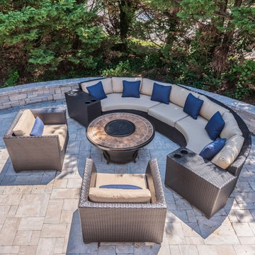 Outdoor fire-pit, seated walls, and large patio space for parties