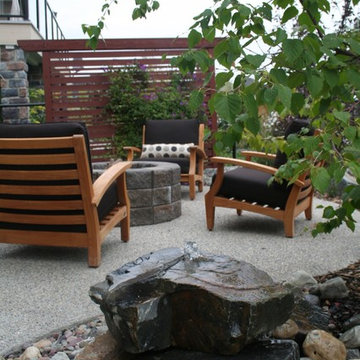 Outdoor Room with gas fire pit, boulder fountain and privacy screen