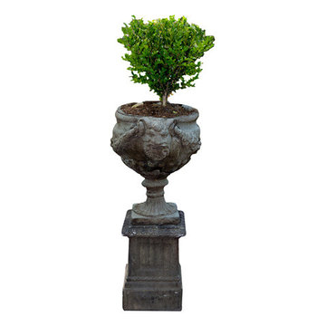 Pair of Milled Stone Garden Urns with Pedestals