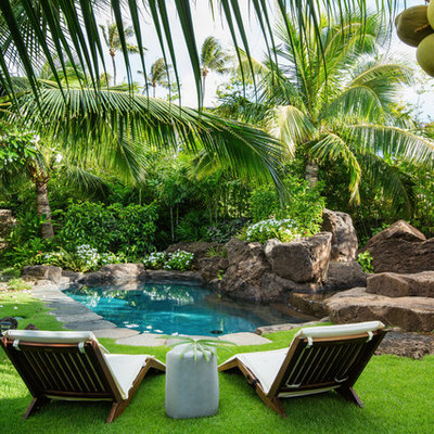 This is an example of a large tropical partial sun backyard stone landscaping in Hawaii for summer.