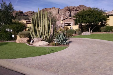 This is an example of a large southwestern full sun front yard brick driveway in Phoenix.