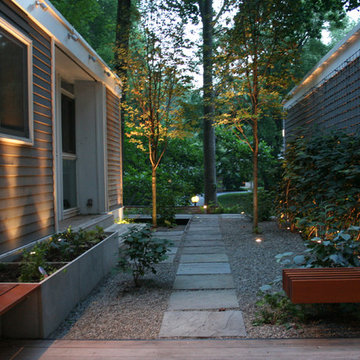 Paver path with espalier frame and viroc planters