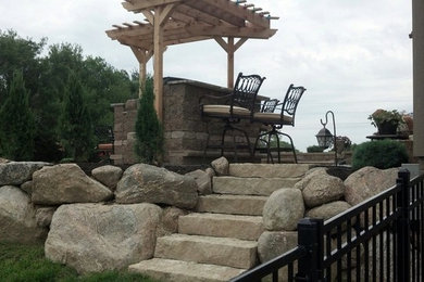 Paver Patio, Grill Enclosure, Outdoor Living Space, Rock Bubbler and Fire Pit