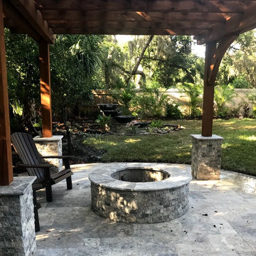 Pergola, Silver Travertine, Water Feature and Fire Pit