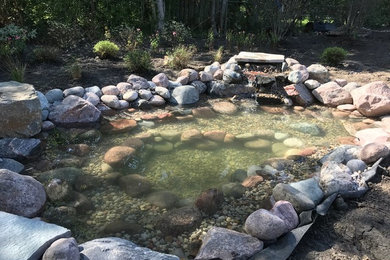 Inspiration for a mid-sized modern backyard pond in Chicago.