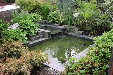 Ejemplo de jardín moderno grande en patio trasero con estanque, exposición total al sol y adoquines de piedra natural