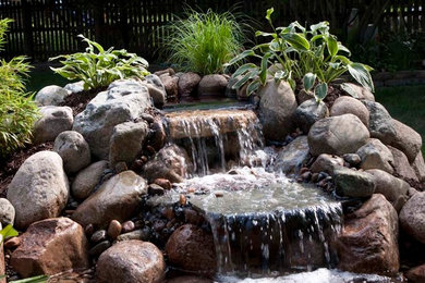 Diseño de jardín tradicional de tamaño medio en primavera en patio trasero con exposición total al sol, adoquines de piedra natural, estanque y jardín francés