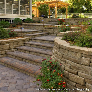 Pool Patio Renovation - Terraced Walls & Stairs.  Minnesota Landscape Design.
