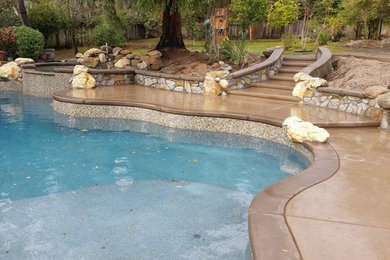 This is an example of a large classic back custom shaped swimming pool in Sacramento with concrete paving.