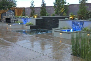 This is an example of a medium sized modern back full sun garden for spring in Sacramento with a water feature and concrete paving.