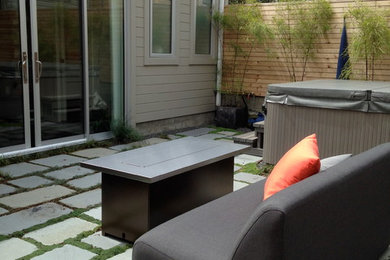 Inspiration for a small modern full sun courtyard stone landscaping in San Francisco with a fire pit.