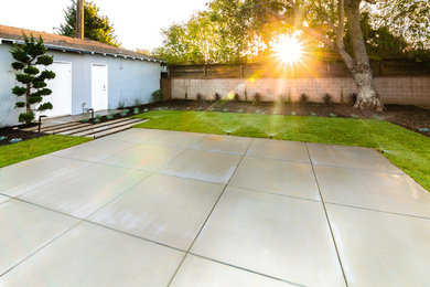Ejemplo de pista deportiva descubierta minimalista de tamaño medio en patio trasero con exposición parcial al sol y adoquines de hormigón