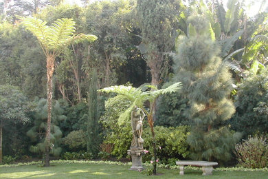 Modelo de jardín tradicional grande en patio trasero con exposición reducida al sol
