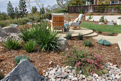 サンディエゴにある高級な中くらいな地中海スタイルのおしゃれな裏庭 (ゼリスケープ、庭石、日向、砂利舗装、ウッドフェンス) の写真