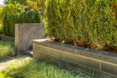 Esempio di un giardino stile americano esposto in pieno sole di medie dimensioni e davanti casa con un ingresso o sentiero e pavimentazioni in pietra naturale