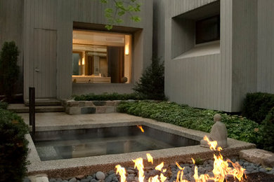Halbschattiger Moderner Garten mit Feuerstelle in Detroit