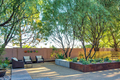 Design ideas for a mid-sized modern drought-tolerant and shade backyard gravel landscaping in Phoenix.
