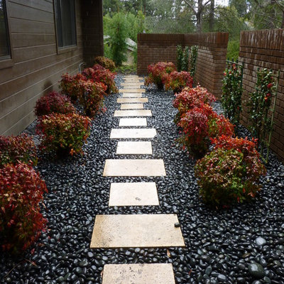 This is an example of a large mediterranean drought-tolerant and partial sun side yard stone garden path in San Diego for summer.