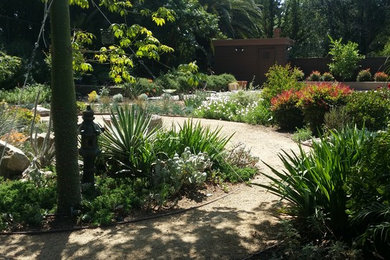 サンディエゴにある広い、夏の地中海スタイルのおしゃれな横庭 (ゼリスケープ、庭への小道、半日向、砂利舗装) の写真