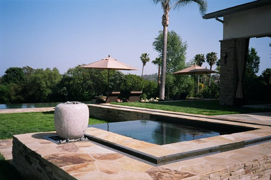 Modelo de jardín actual extra grande en patio trasero con fuente, exposición total al sol y adoquines de piedra natural