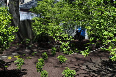 Modelo de jardín pequeño en patio trasero con exposición parcial al sol y mantillo