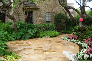 Imagen de jardín en patio trasero con exposición total al sol y adoquines de piedra natural