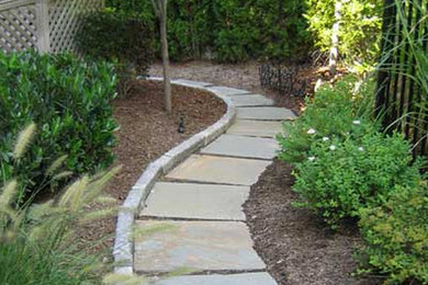 This is an example of a mid-sized full sun backyard concrete paver garden path in Austin.