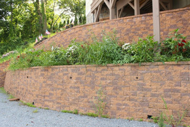 Design ideas for a mid-sized partial sun front yard brick retaining wall landscape in New York.