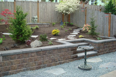 Foto di un grande giardino tradizionale esposto in pieno sole dietro casa con un muro di contenimento e pavimentazioni in pietra naturale