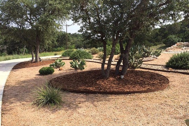 На фото: засухоустойчивый сад среднего размера на переднем дворе в стиле фьюжн с полуденной тенью и покрытием из гравия