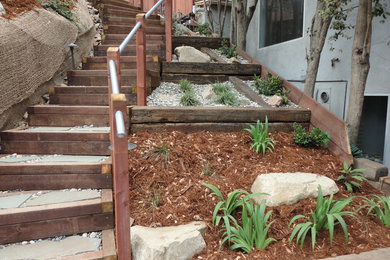 Design ideas for a mid-sized rustic drought-tolerant and partial sun side yard gravel landscaping in Los Angeles.