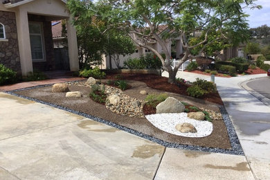 Design ideas for a southwestern front yard gravel landscaping in San Diego.