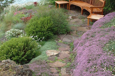 Diseño de jardín costero en ladera con adoquines de piedra natural