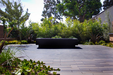 Design ideas for a medium sized contemporary front formal full sun garden for summer in Los Angeles with a fire feature and concrete paving.