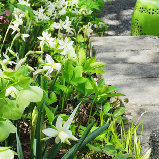 Schattiger Moderner Kiesgarten im Frühling, hinter dem Haus mit Kamin in New York