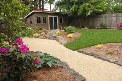 Inspiration for a mid-sized contemporary backyard decomposed granite landscaping in Portland.