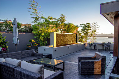 Modelo de jardín moderno de tamaño medio en verano en patio con brasero y exposición total al sol