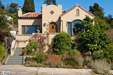 サンフランシスコにある高級な広い、夏のサンタフェスタイルのおしゃれな前庭 (庭への小道、日向、マルチング舗装) の写真