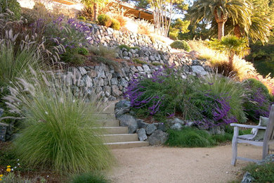 This is an example of a large transitional partial sun and drought-tolerant backyard gravel retaining wall landscape in San Francisco.