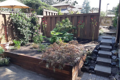 Imagen de jardín moderno pequeño en verano en patio trasero con muro de contención, exposición reducida al sol y adoquines de hormigón