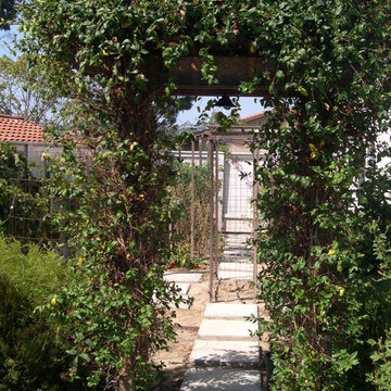 Small vine arbor frames the entrance to the side yard vegetable garden