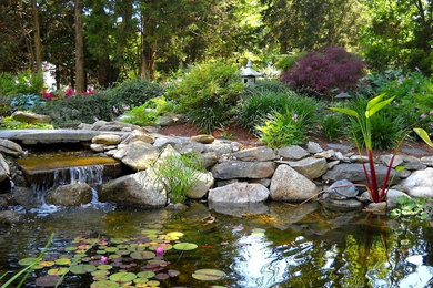 Design ideas for a mid-sized asian shade backyard stone landscaping in Providence for summer.