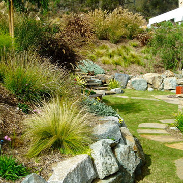 Solana xeriscape, cameron flagstone, drought tolerant, terrace retaining walls