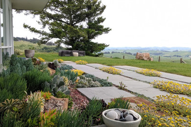 Foto de jardín de secano contemporáneo de tamaño medio en patio trasero con parterre de flores, exposición total al sol y adoquines de piedra natural