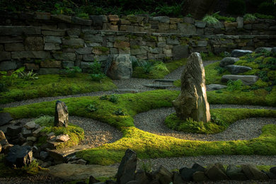 Imagen de jardín de estilo zen de tamaño medio en patio trasero con mantillo