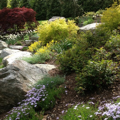 Photo of a mid-sized traditional full sun front yard stone landscaping in Boston.