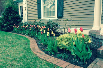 This is an example of a medium sized traditional front formal full sun garden for spring in Providence with a garden path and mulch.