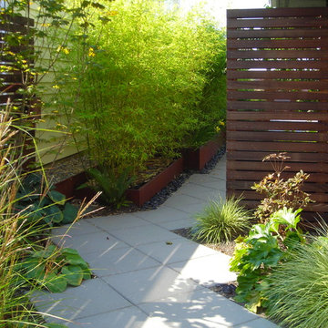 Steel planters, bamboo and panel screening