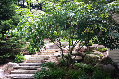 Medium sized classic back partial sun garden in Grand Rapids with a garden path.