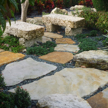 Stone benches in the garden